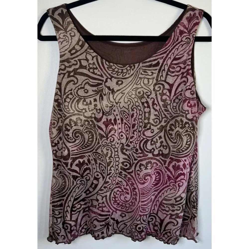Vine Street Tank Top Large Burnout Paisley Pink Brown Made in USA Boho Stretch‎